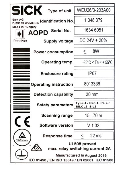 SICK WEU 26/3-203A00-131 PN:1048379 Safety light-beam sensor