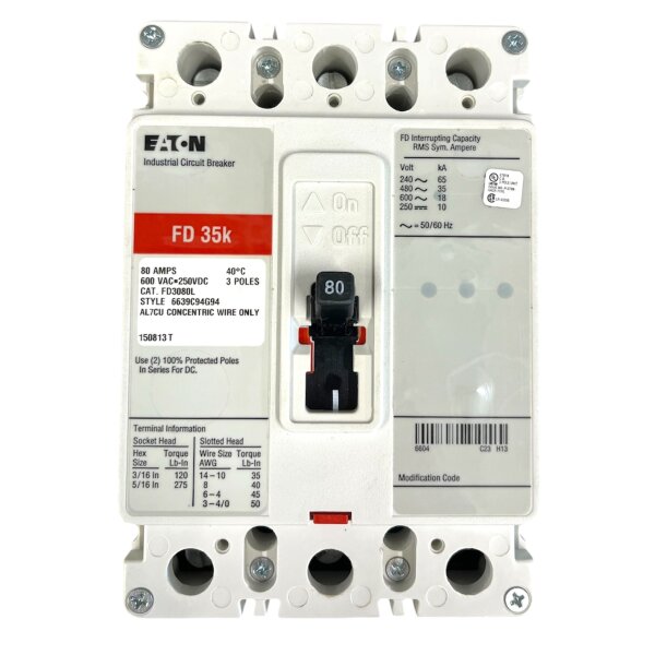 EATON Seres C Molded Case FD3080L Case Circuit Breaker 3-Pole 80A New